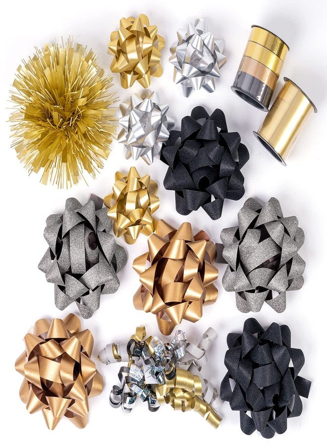 WRAPAHOLIC 14 Pcs Gift Bows Assortment - 10 Multi Colored Assorted Size Gift Bows(Black, Gold, Silver, Old Gold), 2 Crimped Curling Ribbons, 1 Curly Bow, 1 Tinsel Bow for Christmas and New Year - Image 1
